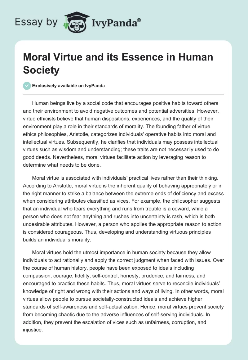 Moral Virtue and Its Essence in Human Society. Page 1