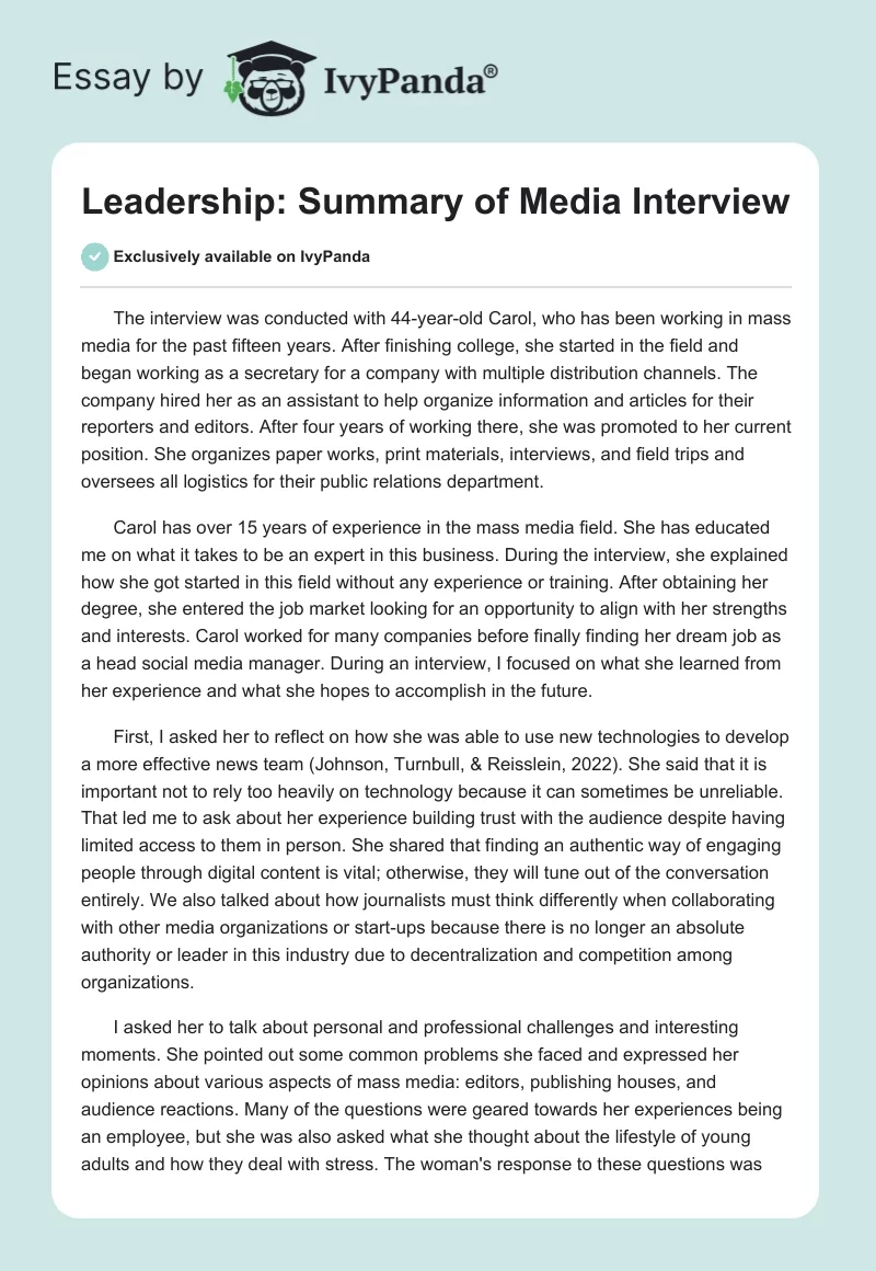 Leadership: Summary of Media Interview. Page 1