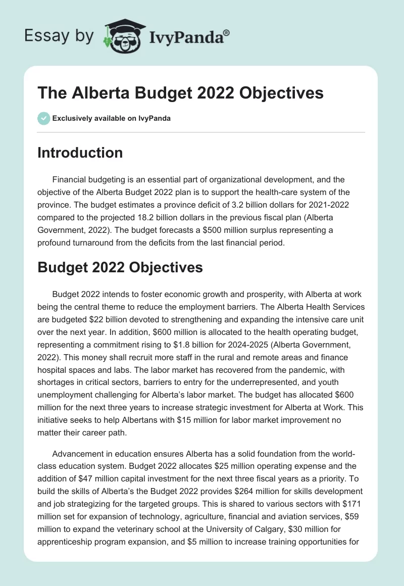 The Alberta Budget 2022 Objectives. Page 1