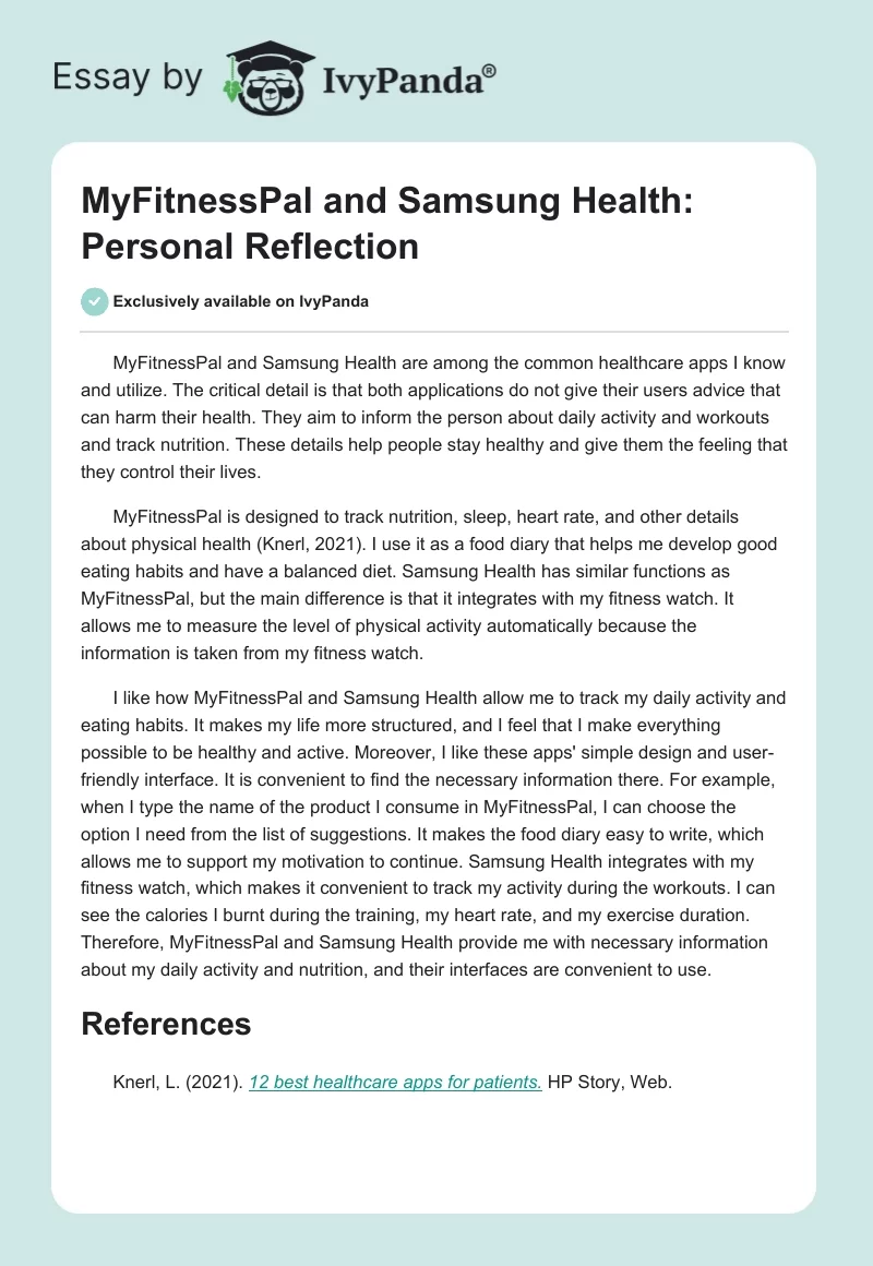 MyFitnessPal and Samsung Health: Personal Reflection. Page 1