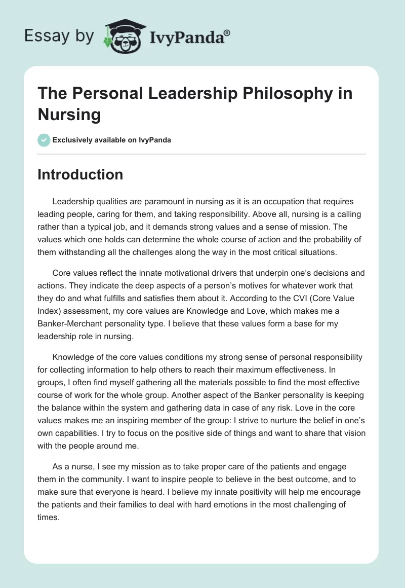 The Personal Leadership Philosophy in Nursing. Page 1