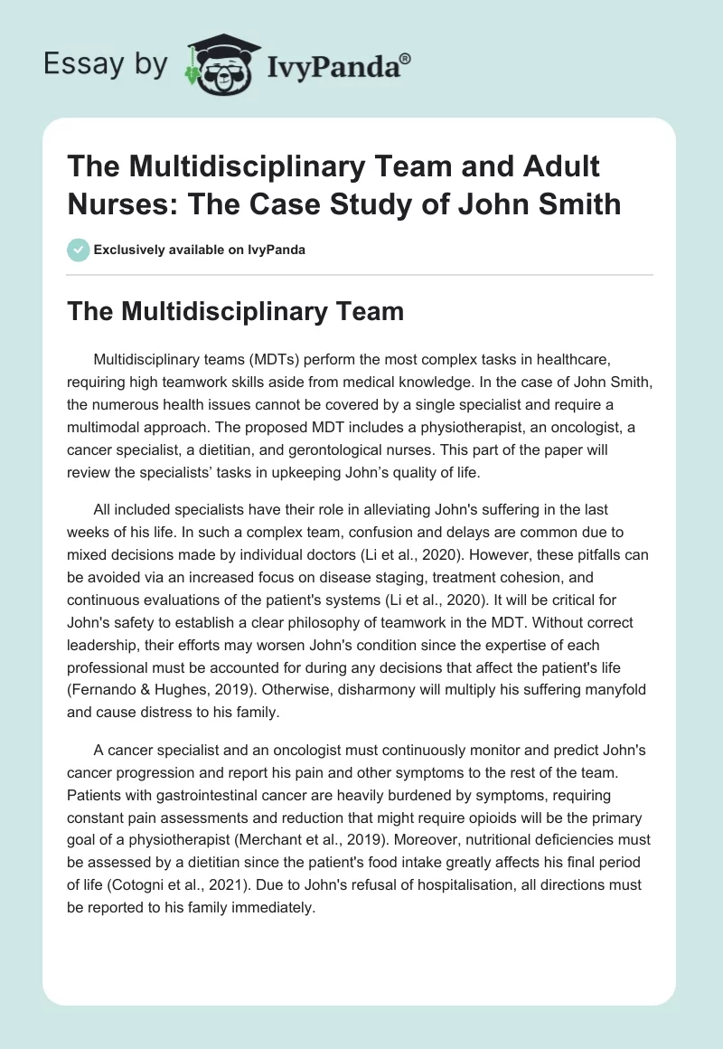 The Multidisciplinary Team and Adult Nurses: The Case Study of John Smith. Page 1