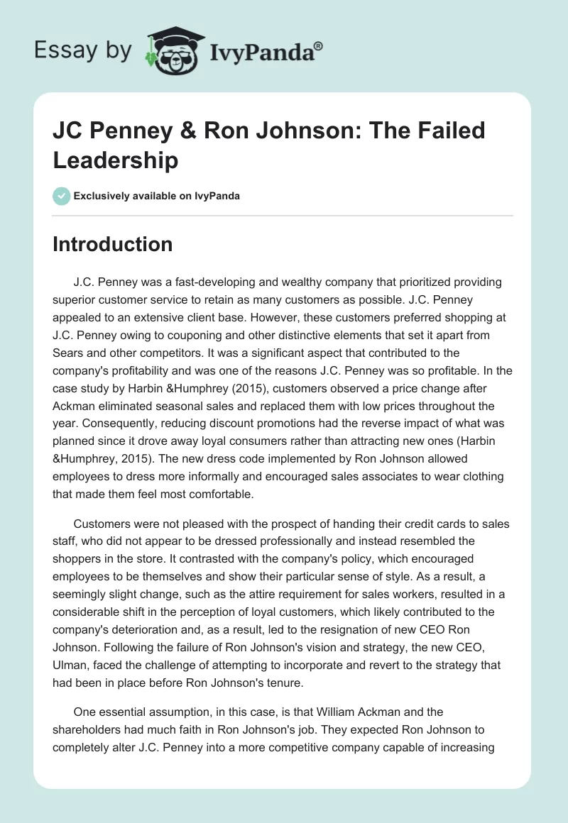 JC Penney & Ron Johnson: The Failed Leadership. Page 1