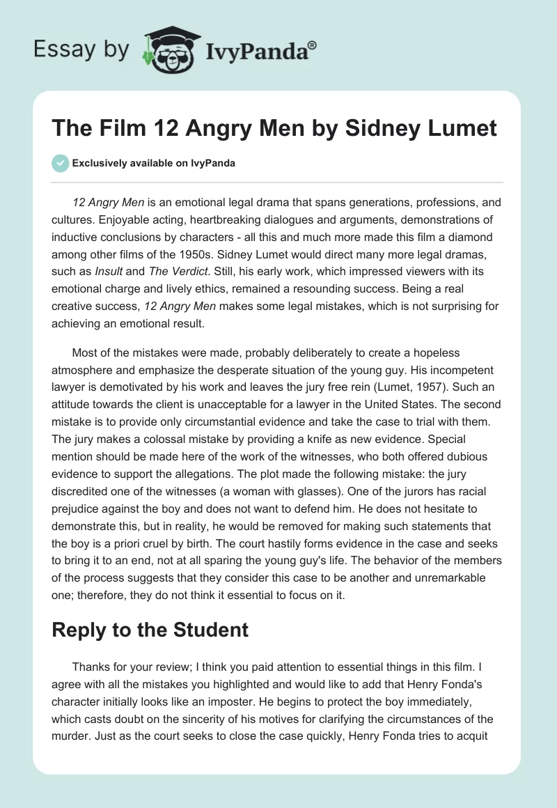 The Film "12 Angry Men" by Sidney Lumet. Page 1