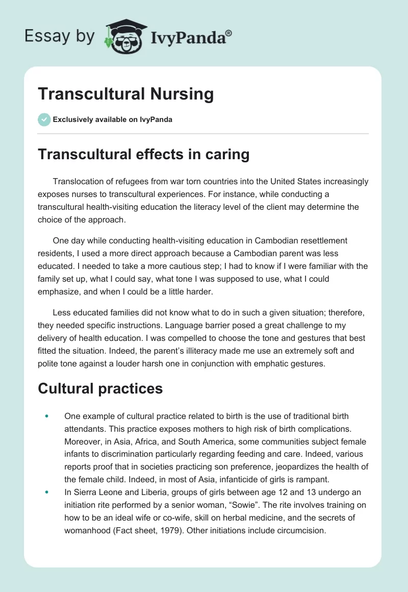 Transcultural Nursing. Page 1