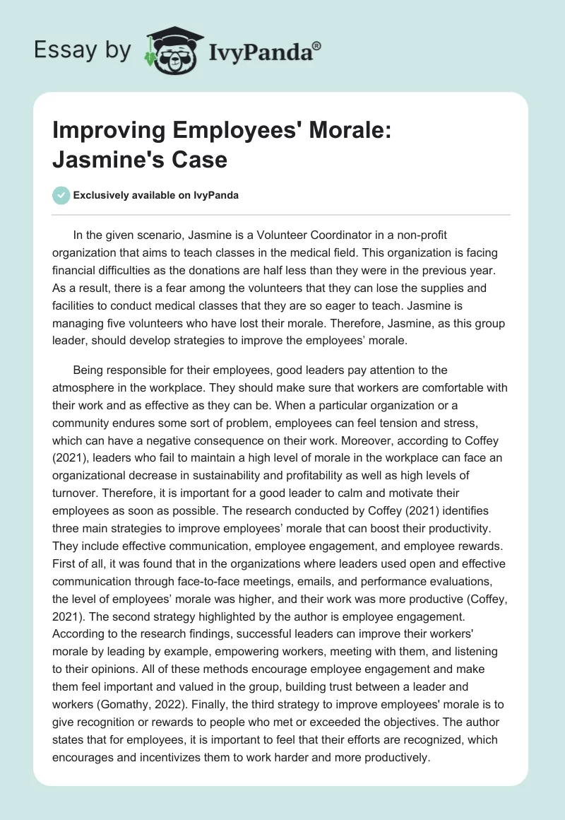 Improving Employees' Morale: Jasmine's Case. Page 1
