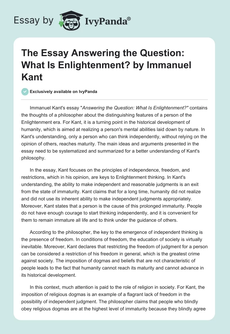 The Essay "Answering the Question: What Is Enlightenment?" by Immanuel Kant. Page 1