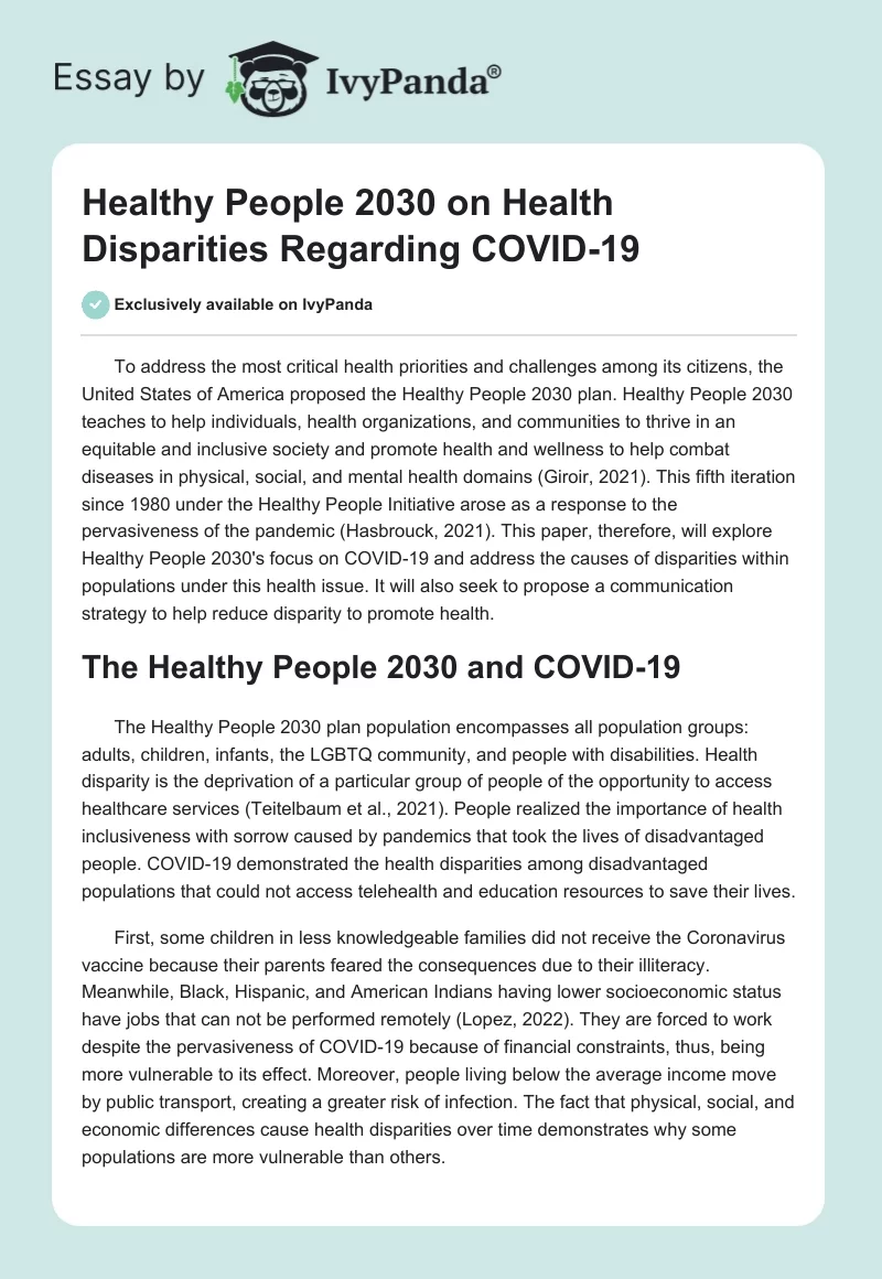 Healthy People 2030 on Health Disparities Regarding COVID-19. Page 1