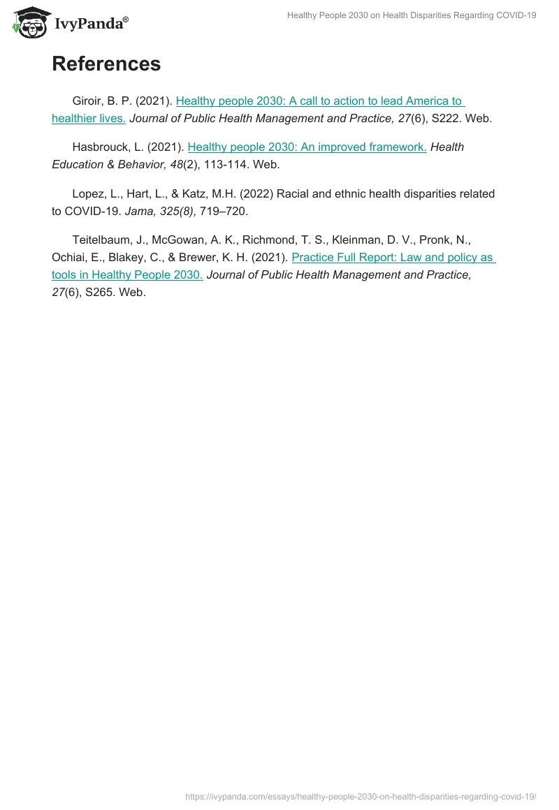 Healthy People 2030 on Health Disparities Regarding COVID-19. Page 3