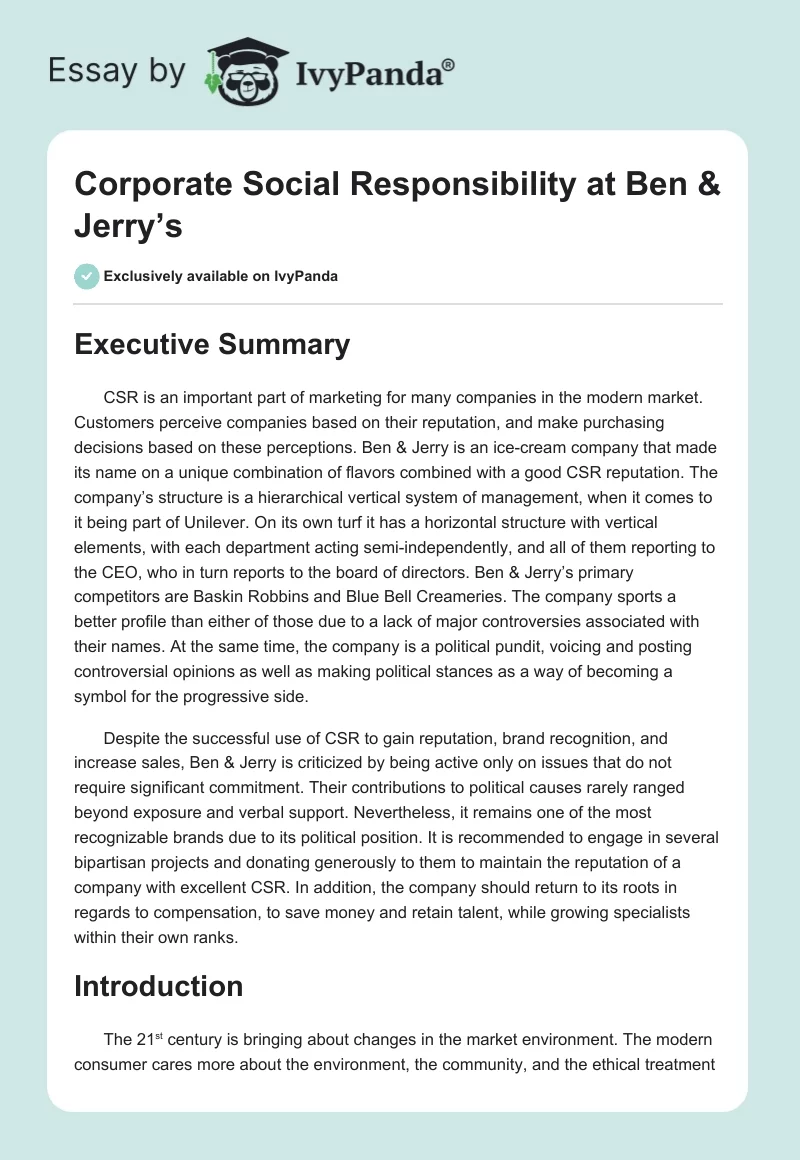 Corporate Social Responsibility at Ben & Jerry’s. Page 1