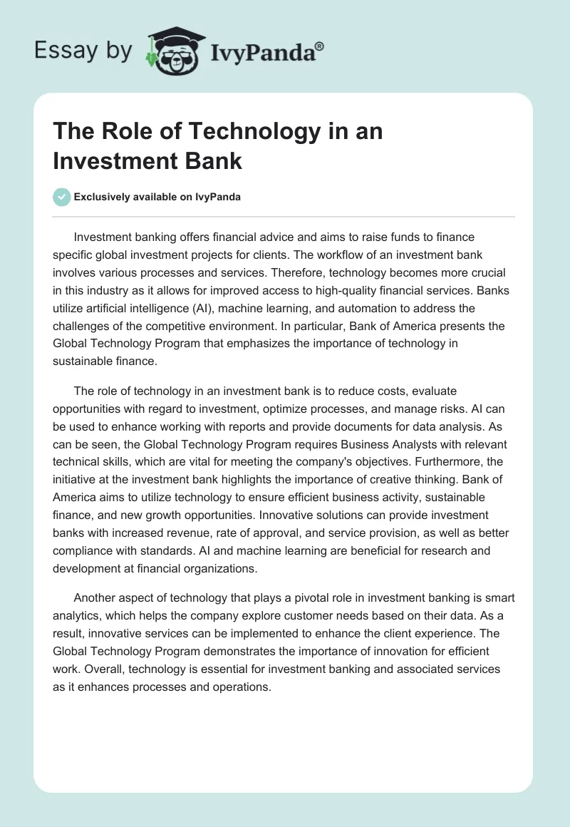 The Role of Technology in Investment Banking. Page 1