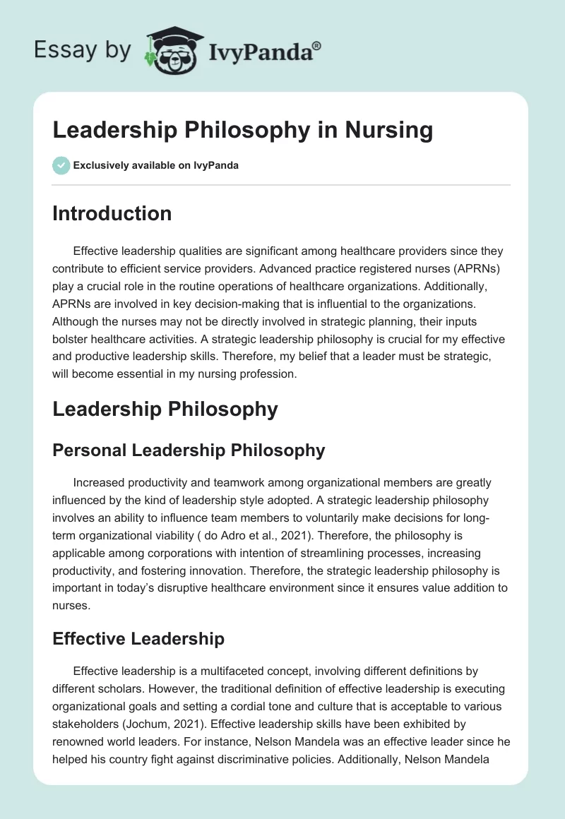 Leadership Philosophy in Nursing. Page 1
