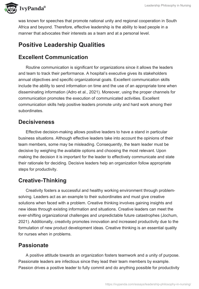 Leadership Philosophy in Nursing. Page 2