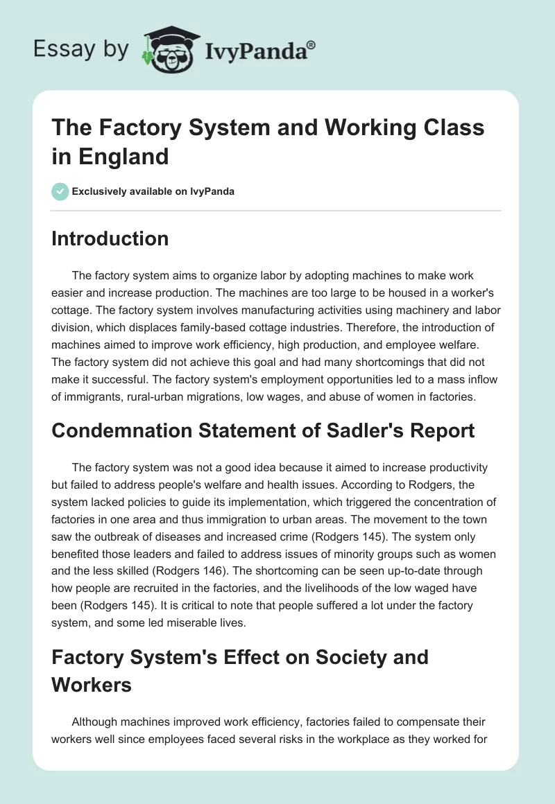The Factory System and Working Class in England. Page 1