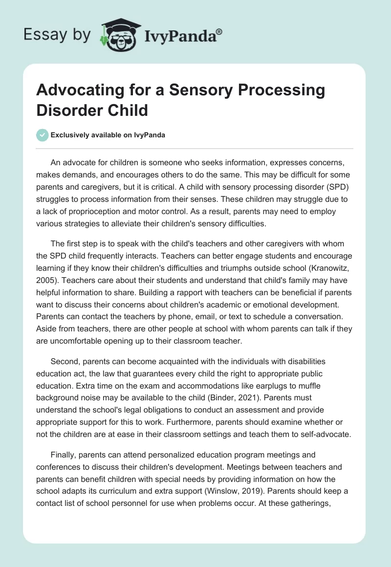 Advocating for a Sensory Processing Disorder Child. Page 1