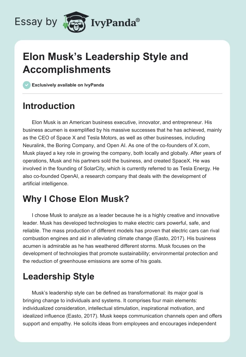 Elon Musk’s Leadership Style and Accomplishments. Page 1