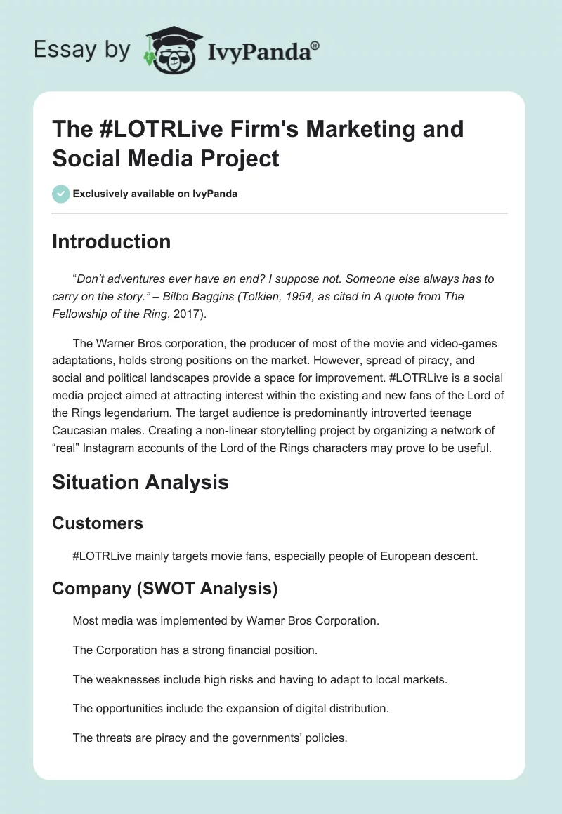 The #LOTRLive Firm's Marketing and Social Media Project. Page 1