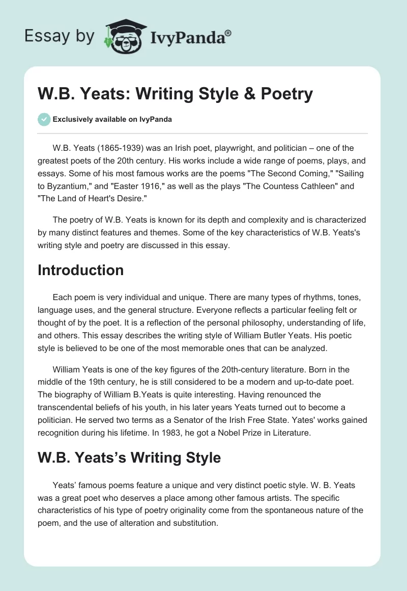 W.B. Yeats: Writing Style & Poetry. Page 1