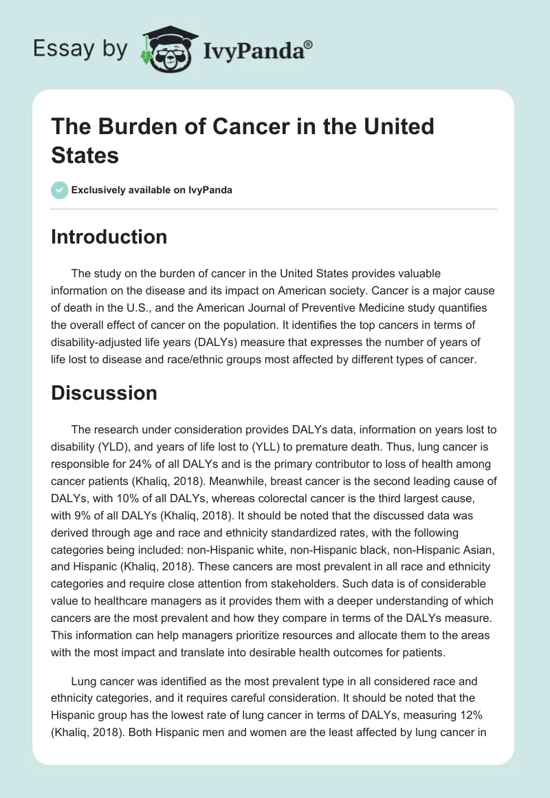 The Burden of Cancer in the United States. Page 1