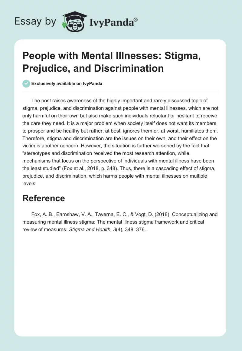People With Mental Illnesses: Stigma, Prejudice, and Discrimination. Page 1