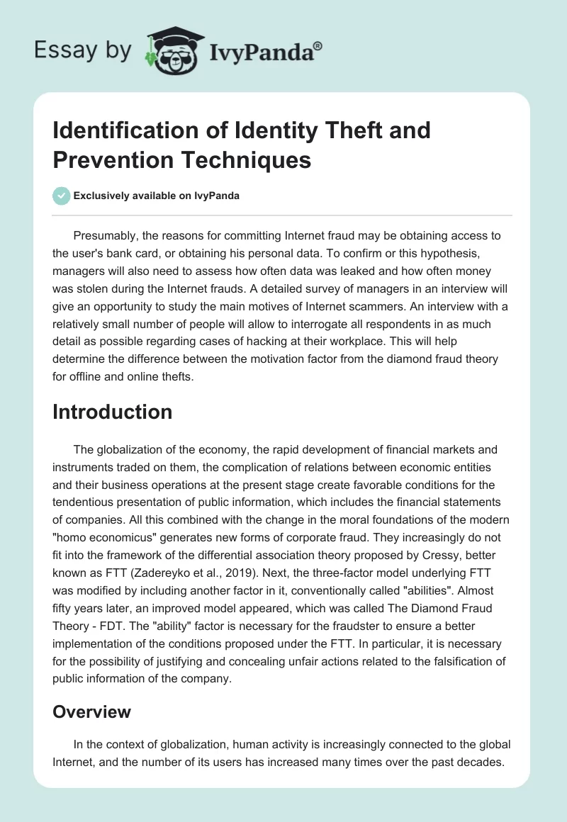 Identification of Identity Theft and Prevention Techniques. Page 1