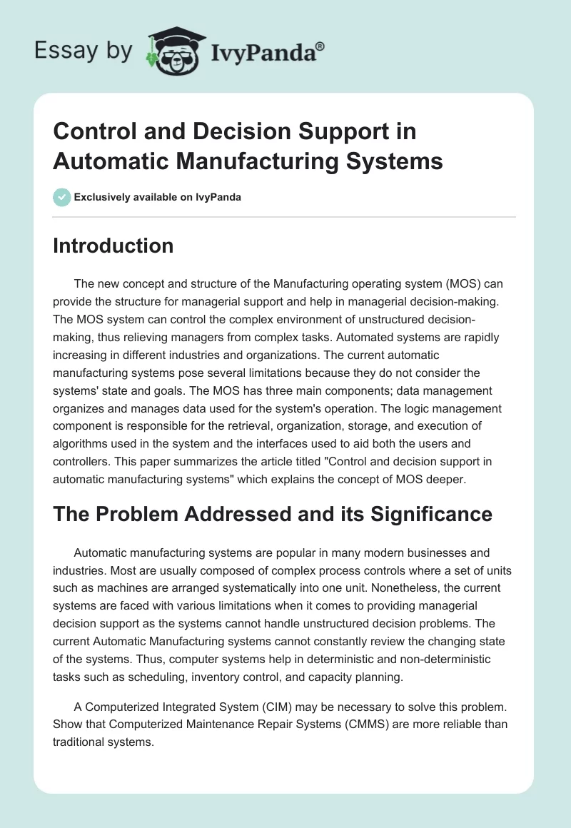 Automatic Systems and Artificial Intelligence in Manufacturing. Page 1