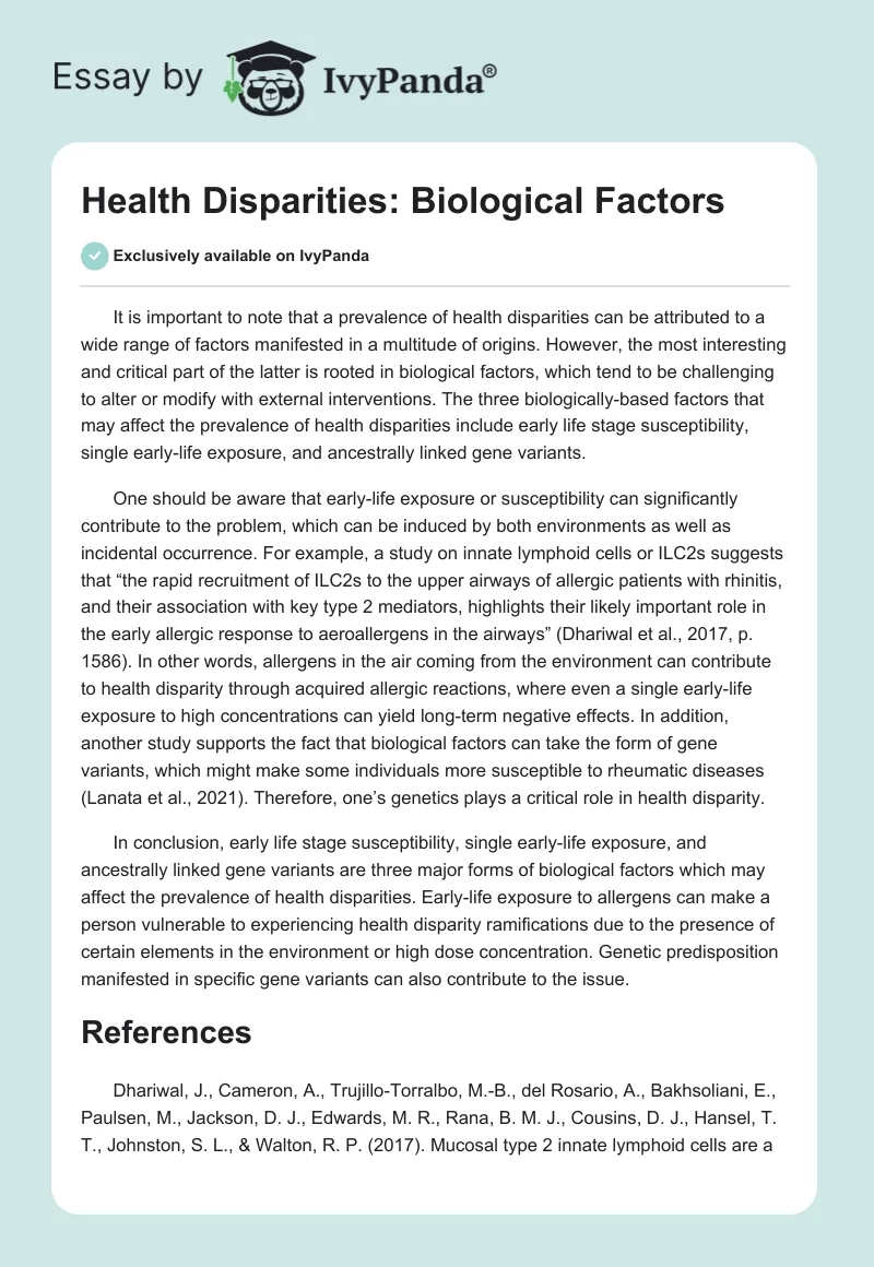 Health Disparities: Biological Factors. Page 1