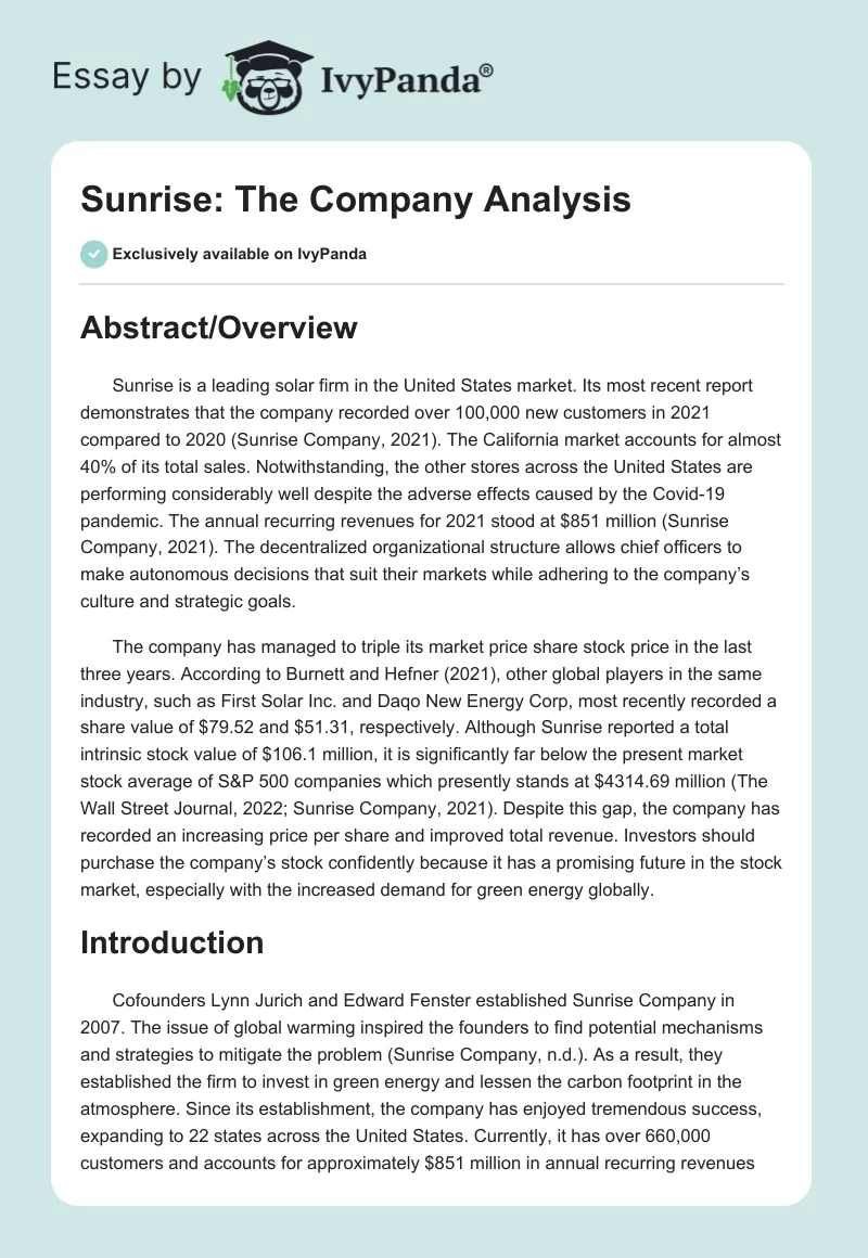 Sunrise: The Company Analysis. Page 1