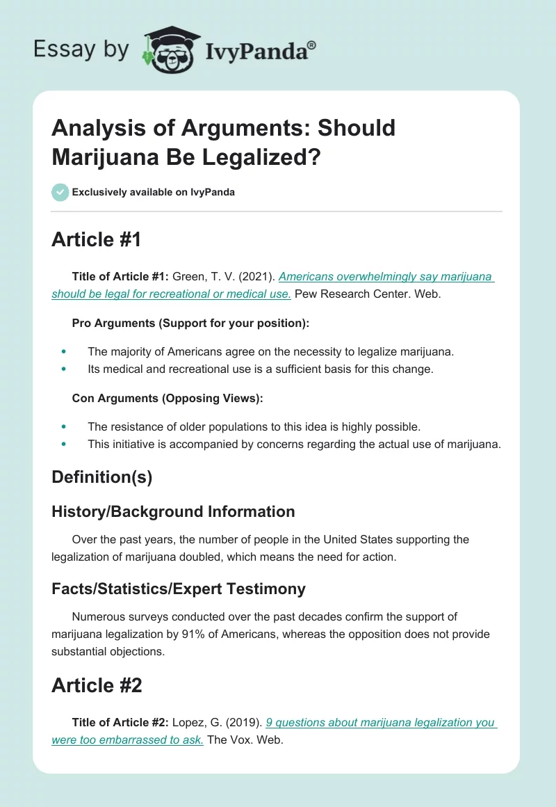 Analysis of Arguments: Should Marijuana Be Legalized?. Page 1
