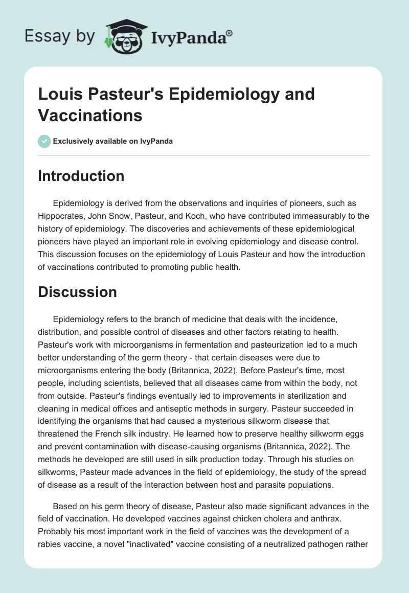 Louis Pasteur's Epidemiology and Vaccinations. Page 1