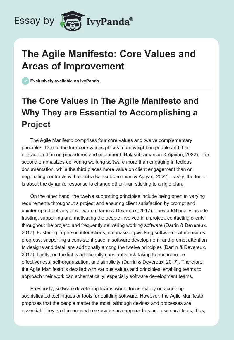 The Agile Manifesto: Core Values and Areas of Improvement. Page 1