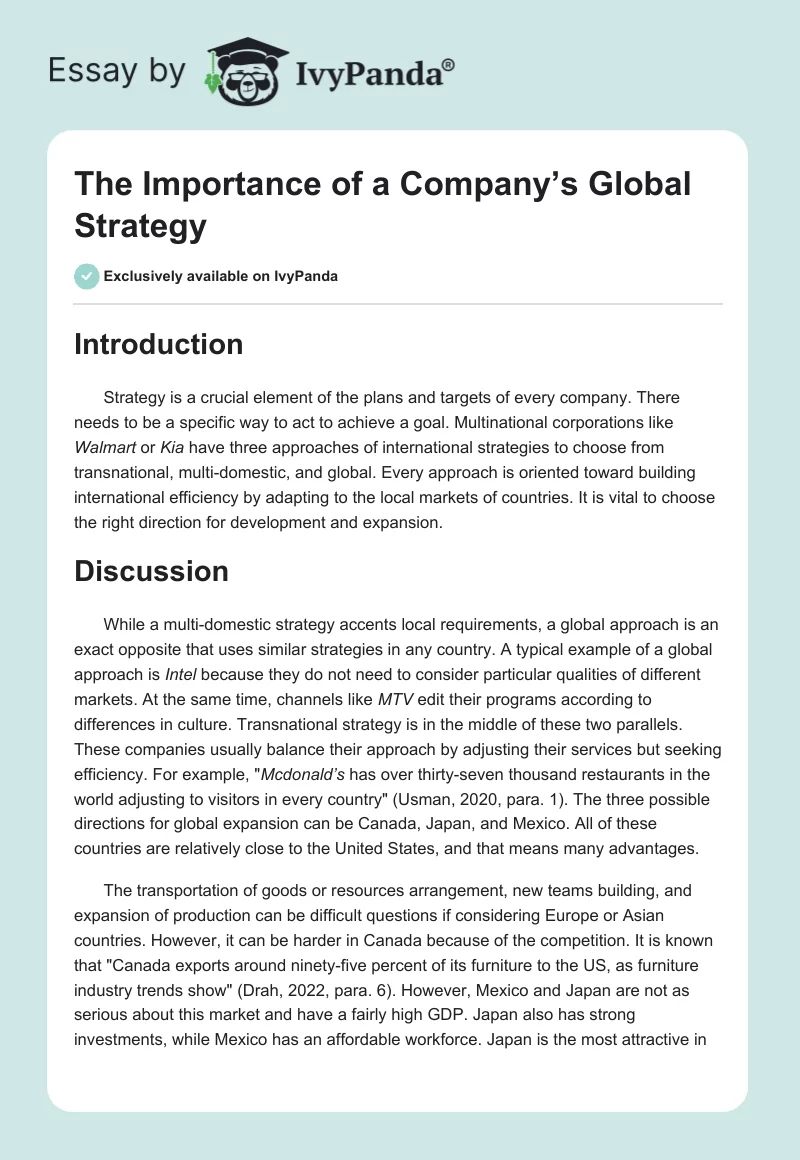 The Importance of a Company’s Global Strategy. Page 1