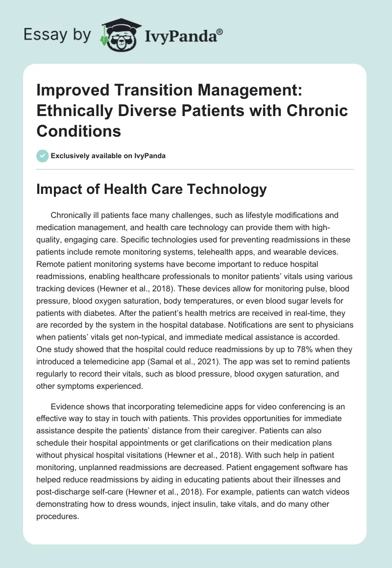 Improved Transition Management: Ethnically Diverse Patients with Chronic Conditions. Page 1