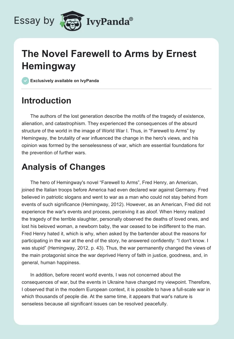 The Novel "Farewell to Arms" by Ernest Hemingway. Page 1