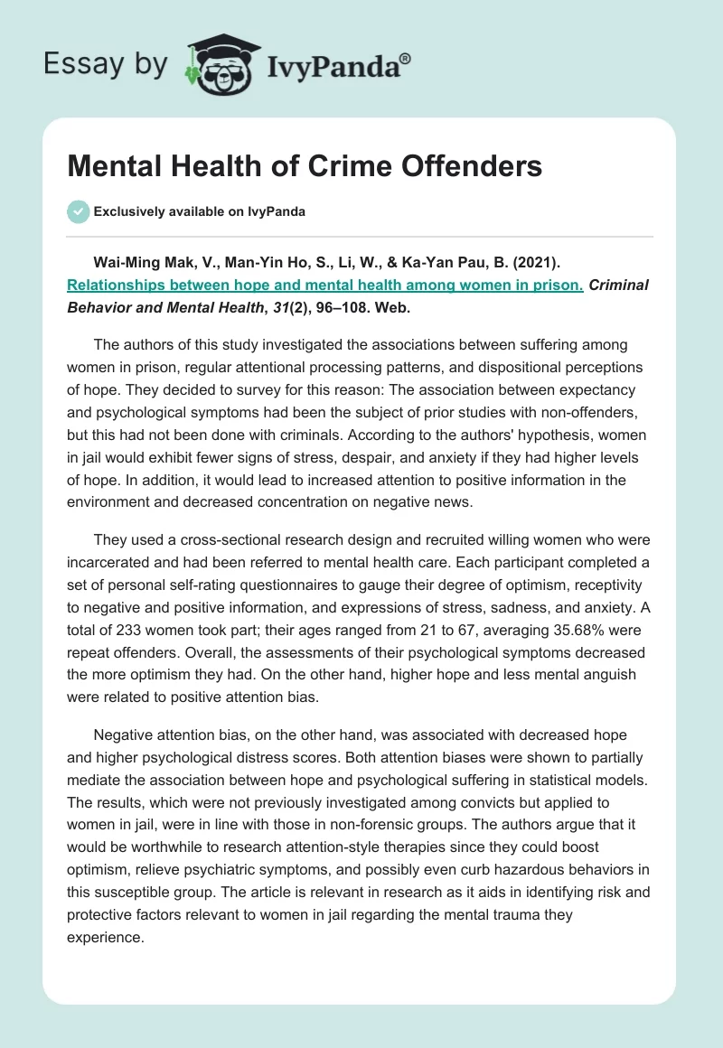 Mental Health of Crime Offenders. Page 1