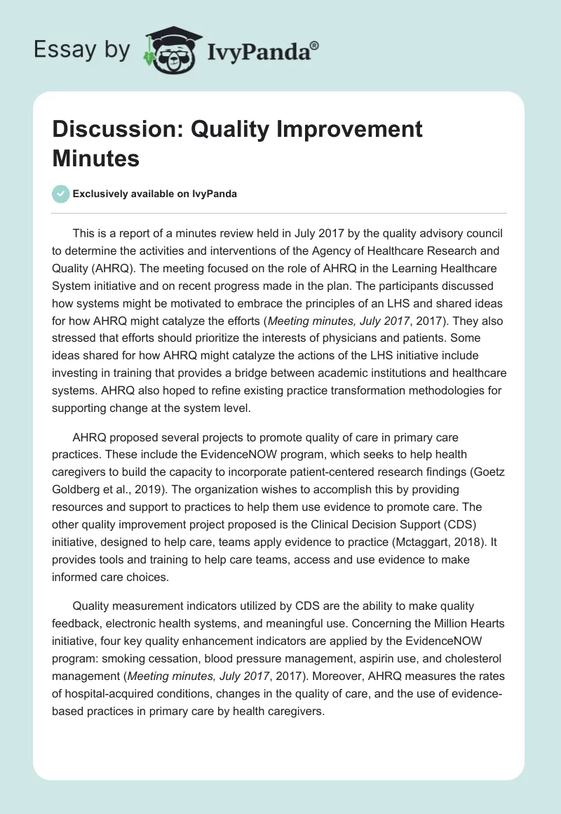 Discussion: Quality Improvement Minutes. Page 1