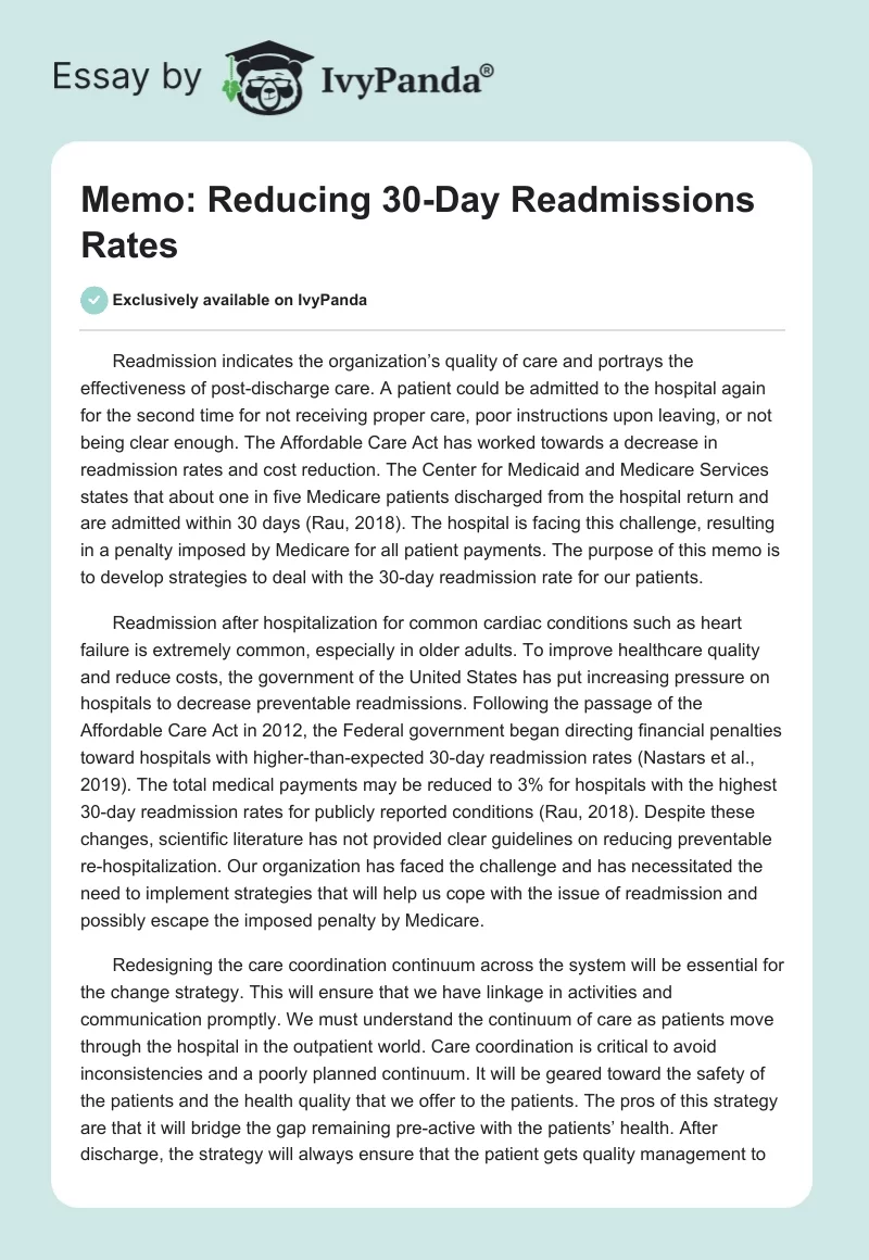 Memo: Reducing 30-Day Readmissions Rates. Page 1