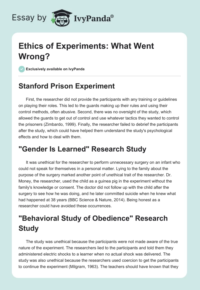 Ethics of Experiments: What Went Wrong?. Page 1