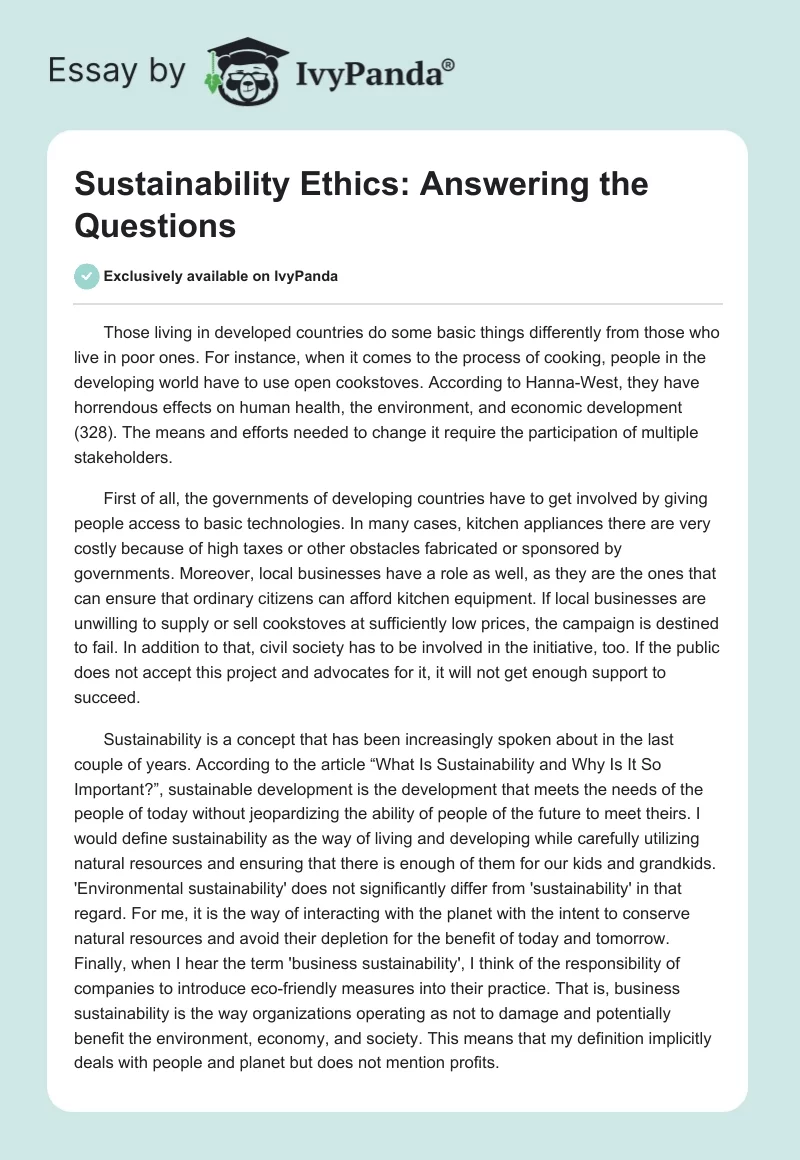 Sustainability Ethics: Answering the Questions. Page 1
