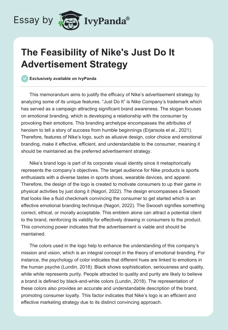 The Feasibility of Nike's "Just Do It" Advertisement Strategy. Page 1