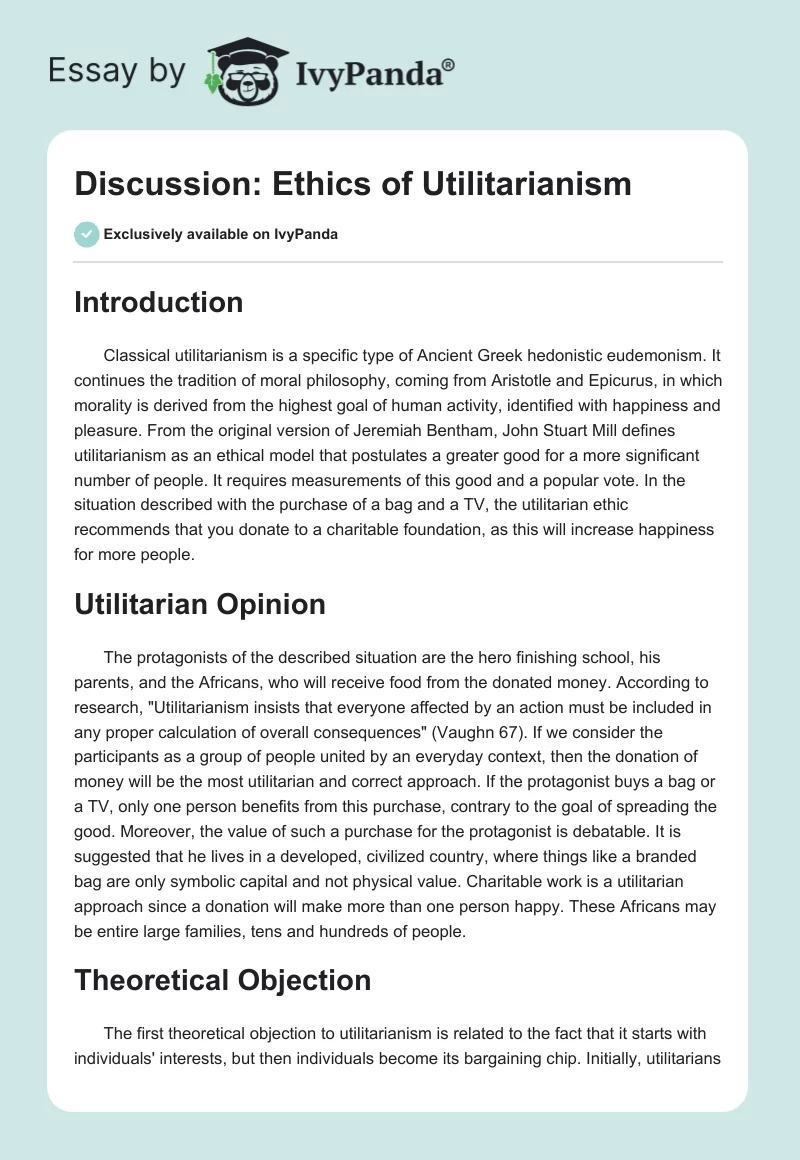 Discussion: Ethics of Utilitarianism. Page 1