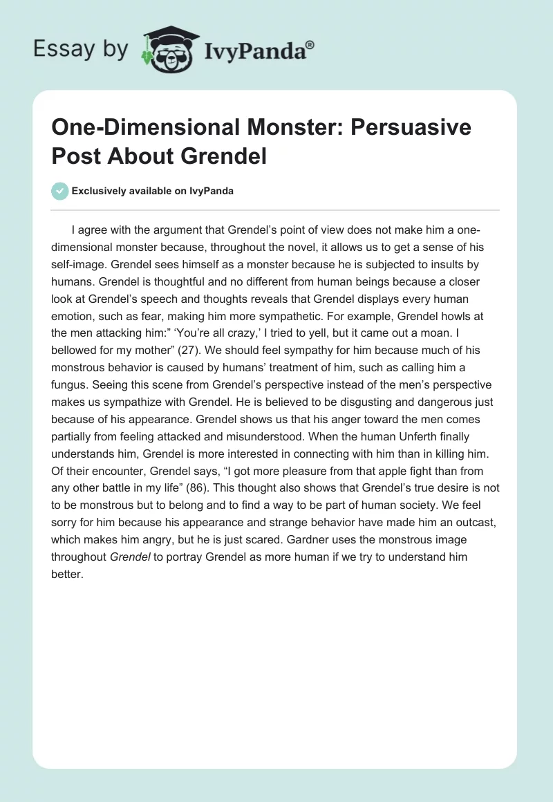 One-Dimensional Monster: Persuasive Post About Grendel. Page 1