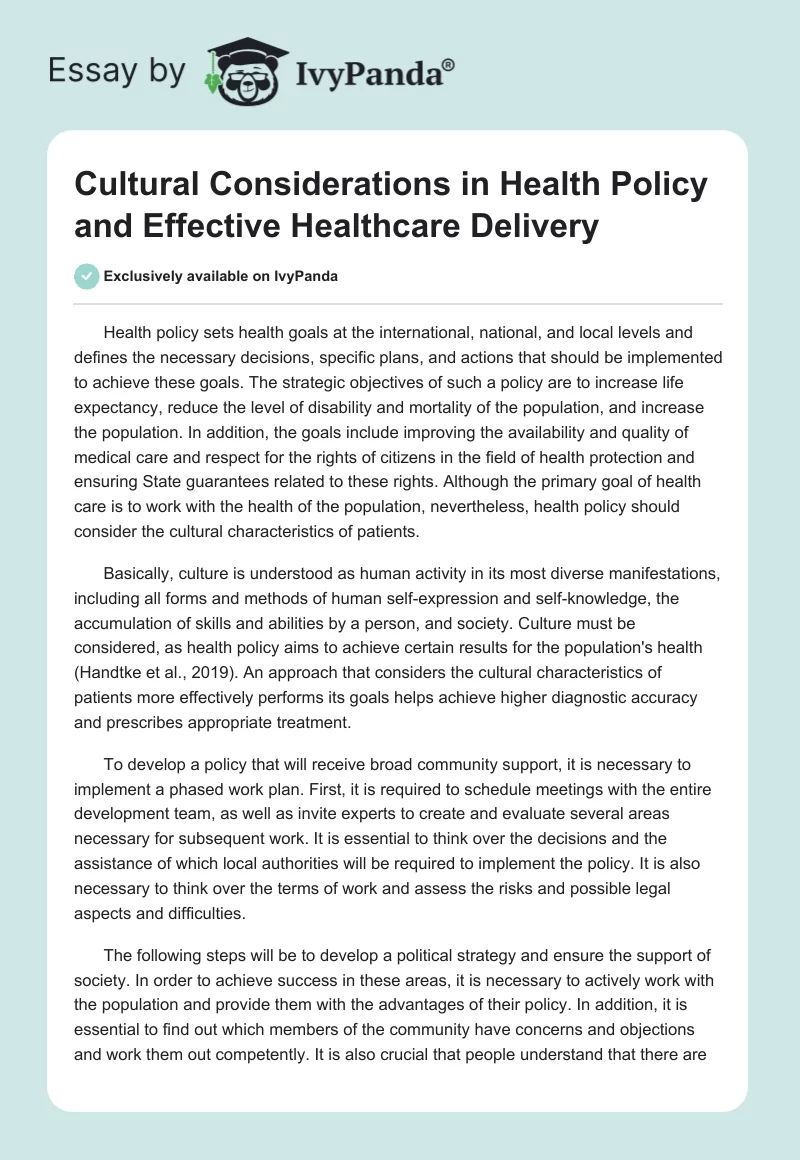 Cultural Considerations in Health Policy and Effective Healthcare Delivery. Page 1