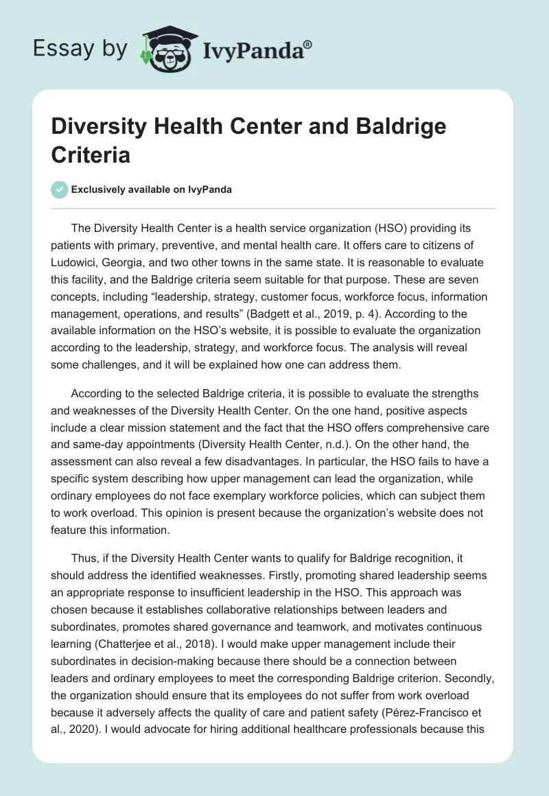 Diversity Health Center and Baldrige Criteria. Page 1