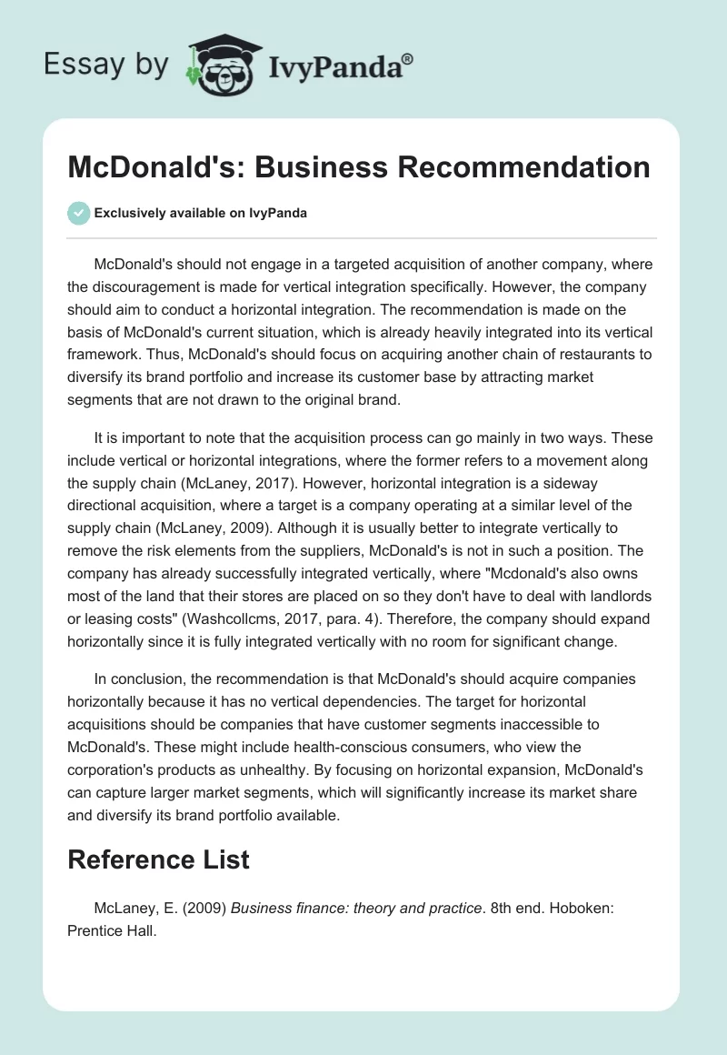 McDonald's: Business Recommendation. Page 1