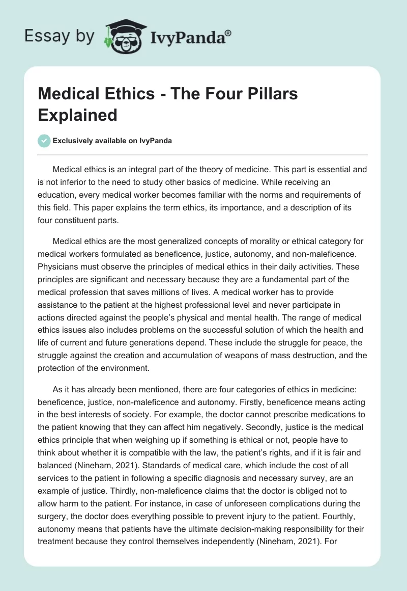 Medical Ethics - The Four Pillars Explained. Page 1