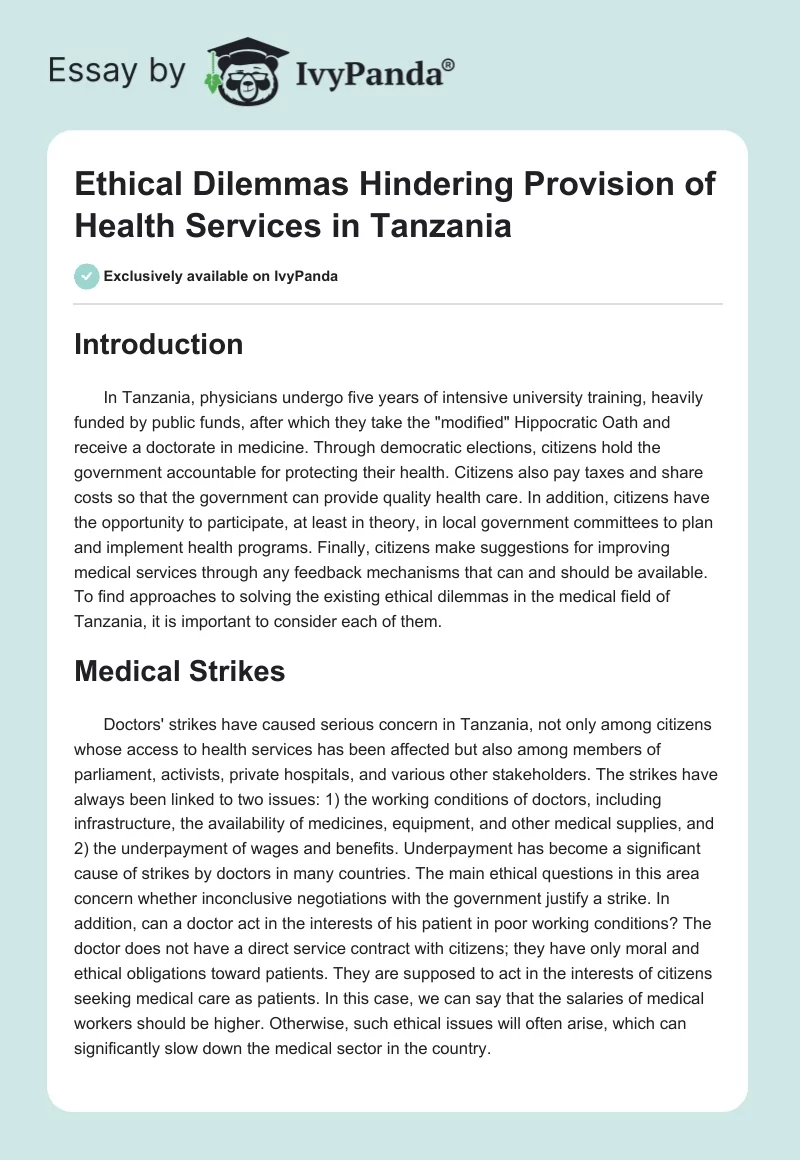 Ethical Dilemmas Hindering Provision of Health Services in Tanzania. Page 1