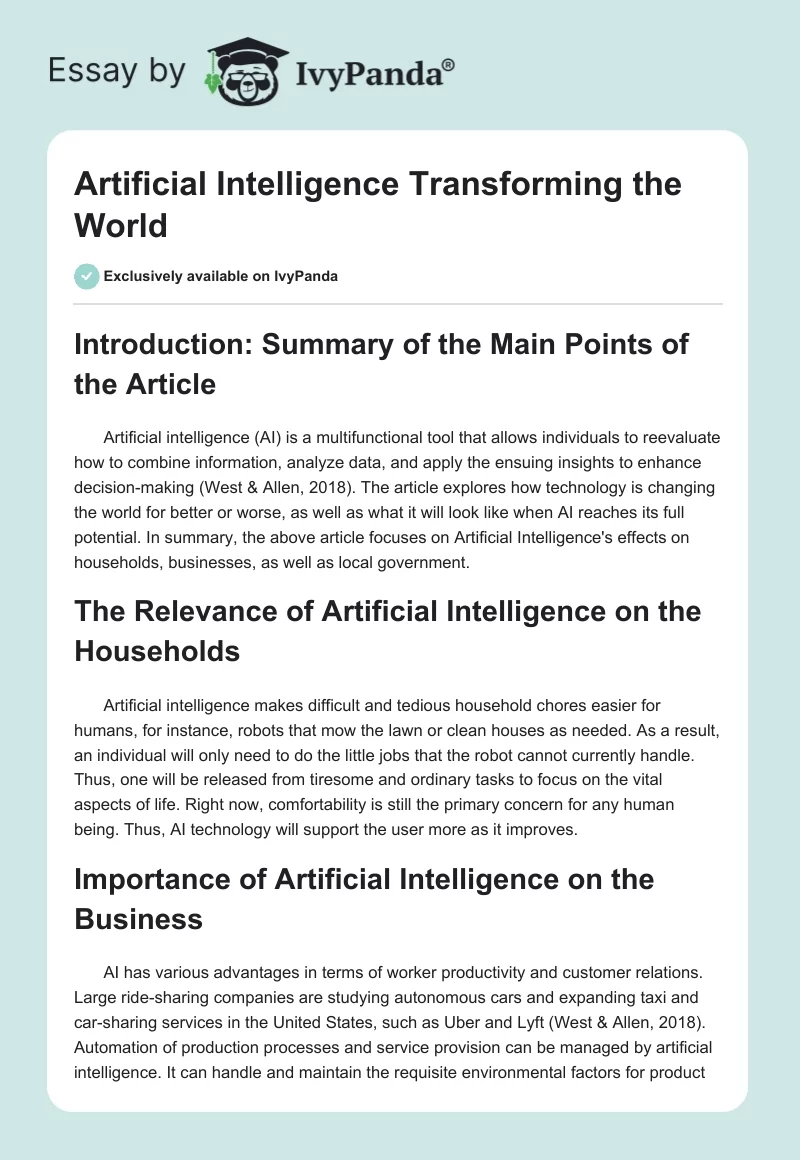 Artificial Intelligence Transforming the World. Page 1