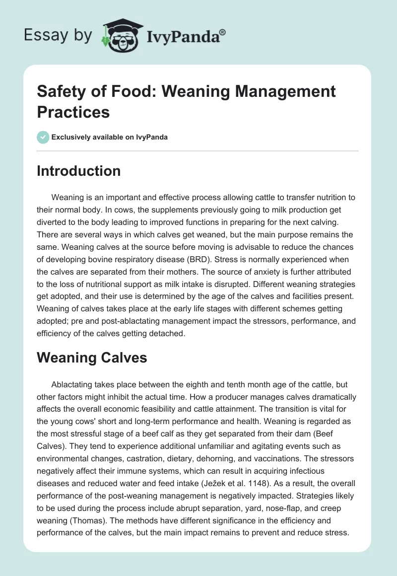 Safety of Food: Weaning Management Practices. Page 1