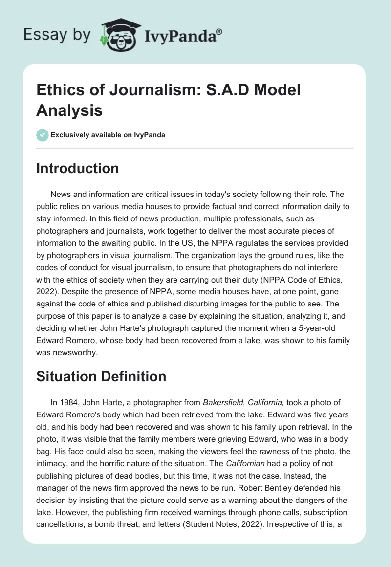 Ethics of Journalism: S.A.D Model Analysis. Page 1